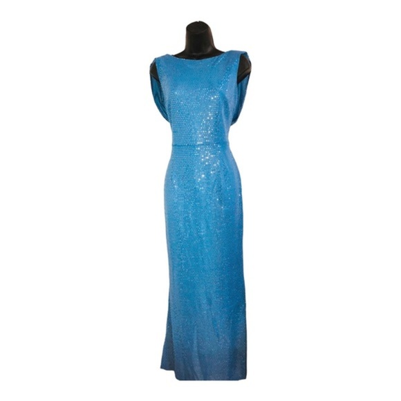 Blue sequin drape cowl back batwing style‎ maxi gown dress size 8 brand new - Picture 12 of 16